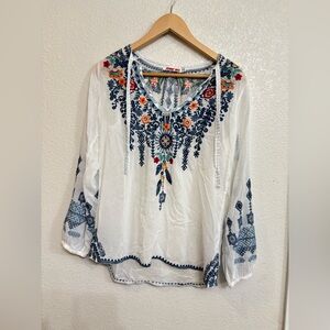 Johnny Was White Embroidered Blouse Boho Coastal Cowgirl Tassel Top